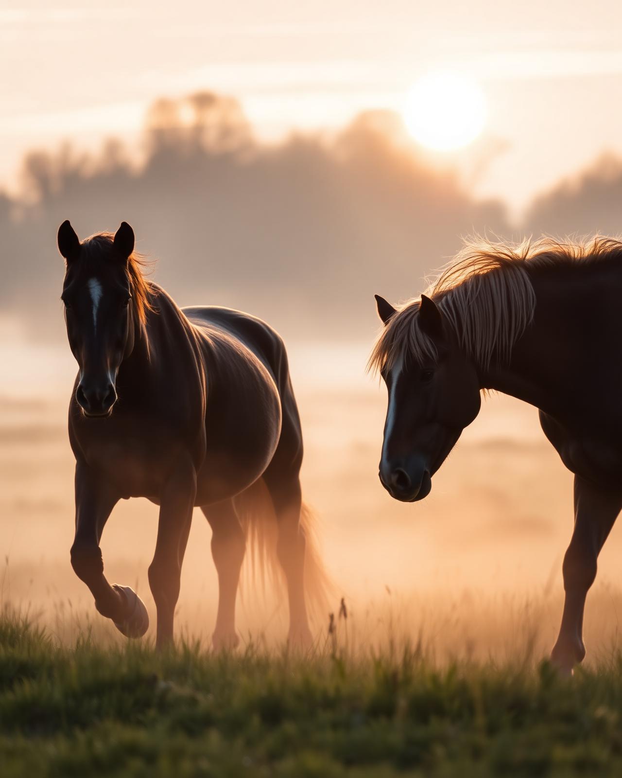 Paarden in een mistige polderweide bij zonsopgang